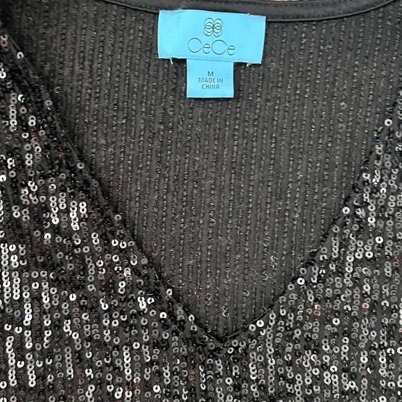 CeCe Sequined V-Neck Cap-Sleeve Black Blouse-Size Medium - Picture 5 of 7